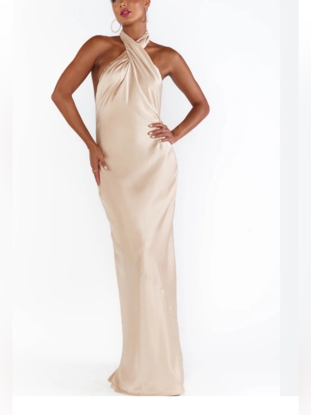 Show Me Your Mumu Jasmine Halter Maxi Dress in Champagne satin - Picture 1 of 9
